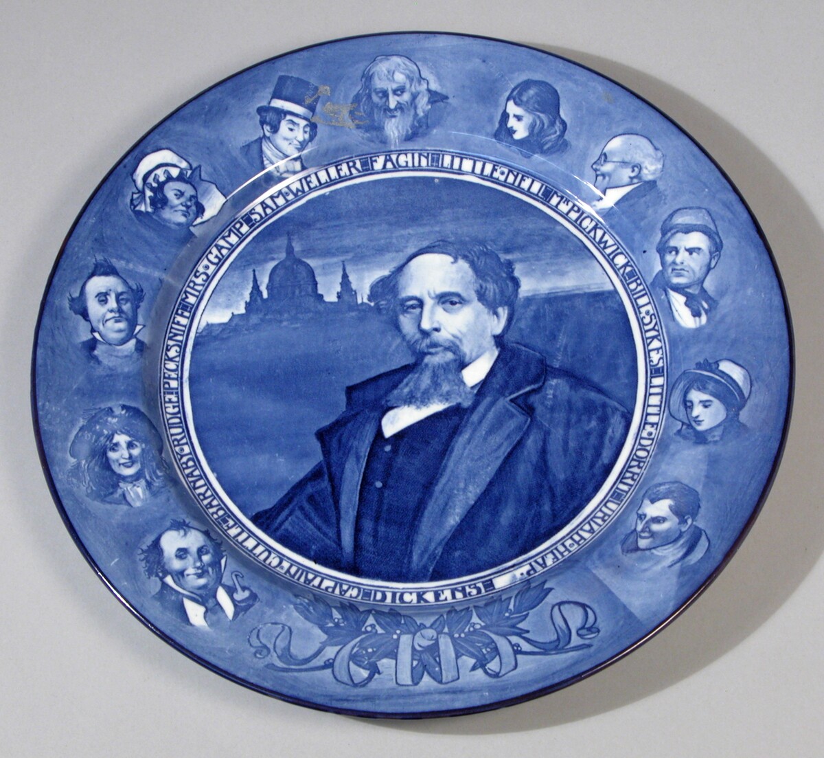 This blue-printed plate made by Doulton is a Charles Dickens Memorial Plate