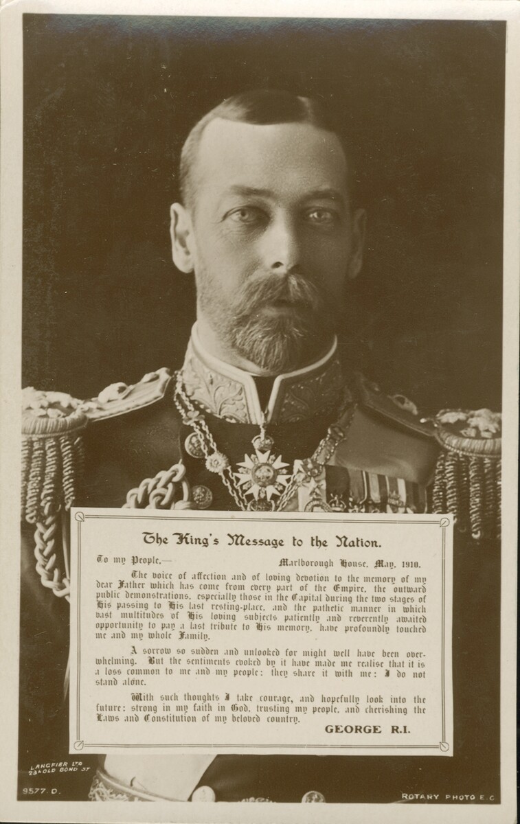 King George V with an inset panel containing text titled: The King's Message to the Nation.
