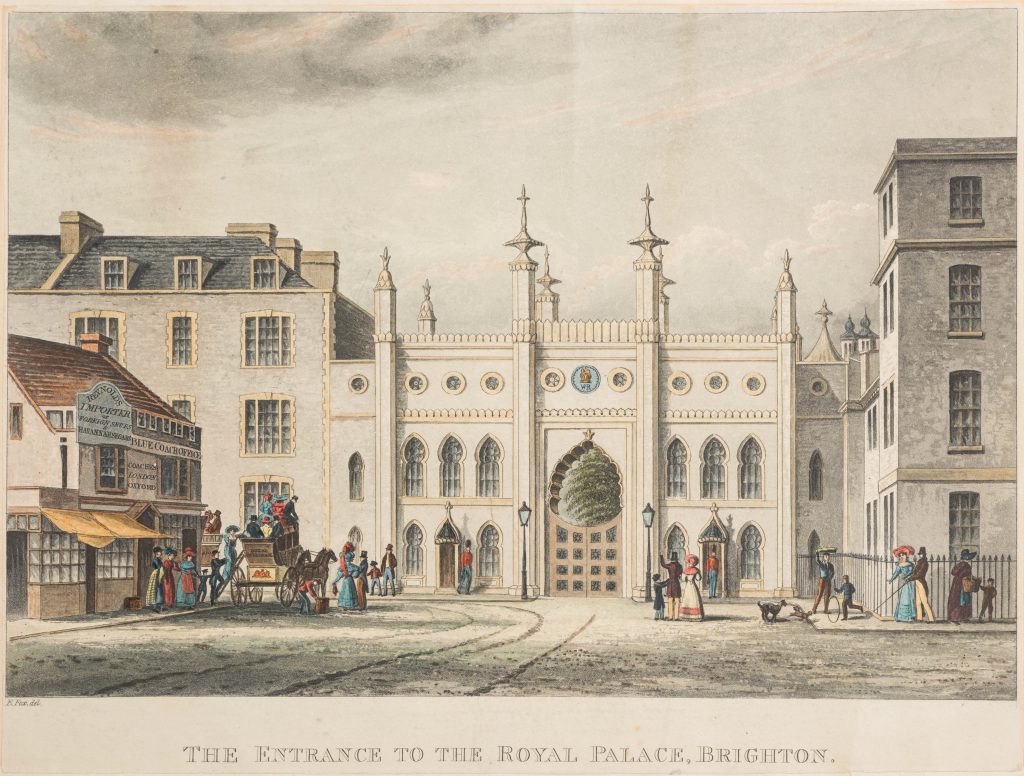 Print showing south entrance to Royal Pavilion Estate