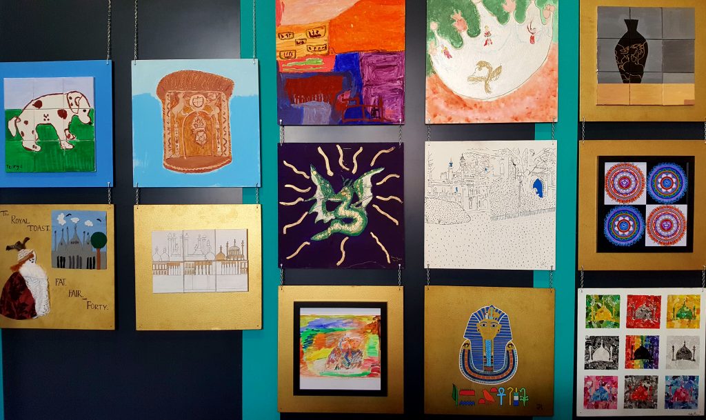 A wall of Museum Mentors Artwork displayed in Brighton Museum’s Museum Lab