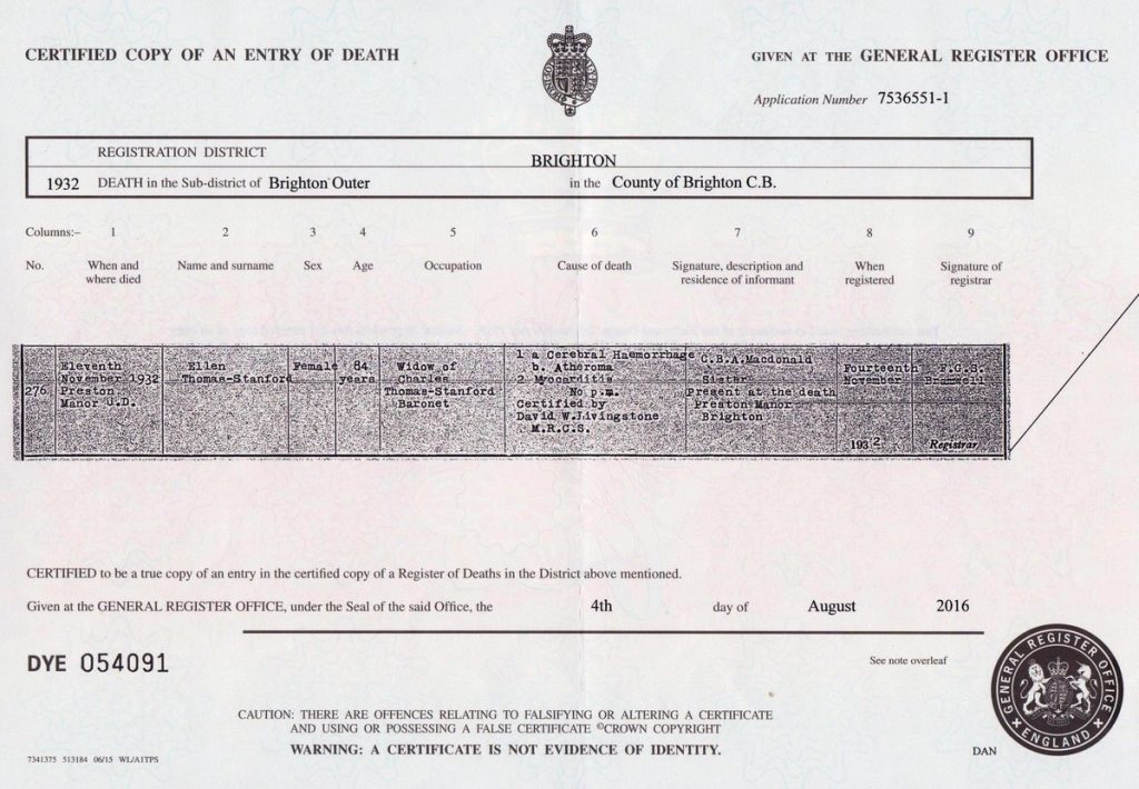 Copy of Ellen Thomas-Stanford’s death certificate