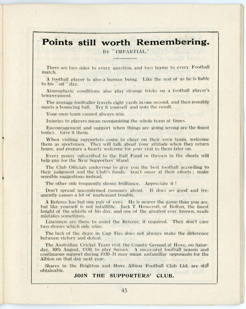 Brighton & Hove Albion FC’s Supporters’ Club handbook for the 1930-1931
