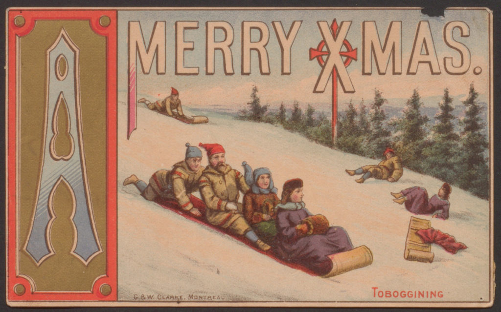 A Christmas card showing a group of people toboggining