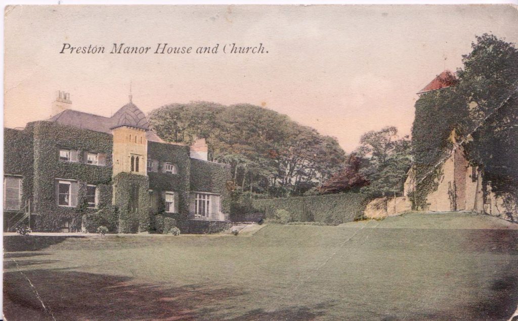 Postcard showing Preston Manor and church