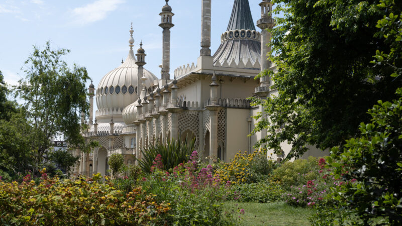 Exterior of Royal Pavilion with plants in foreground.