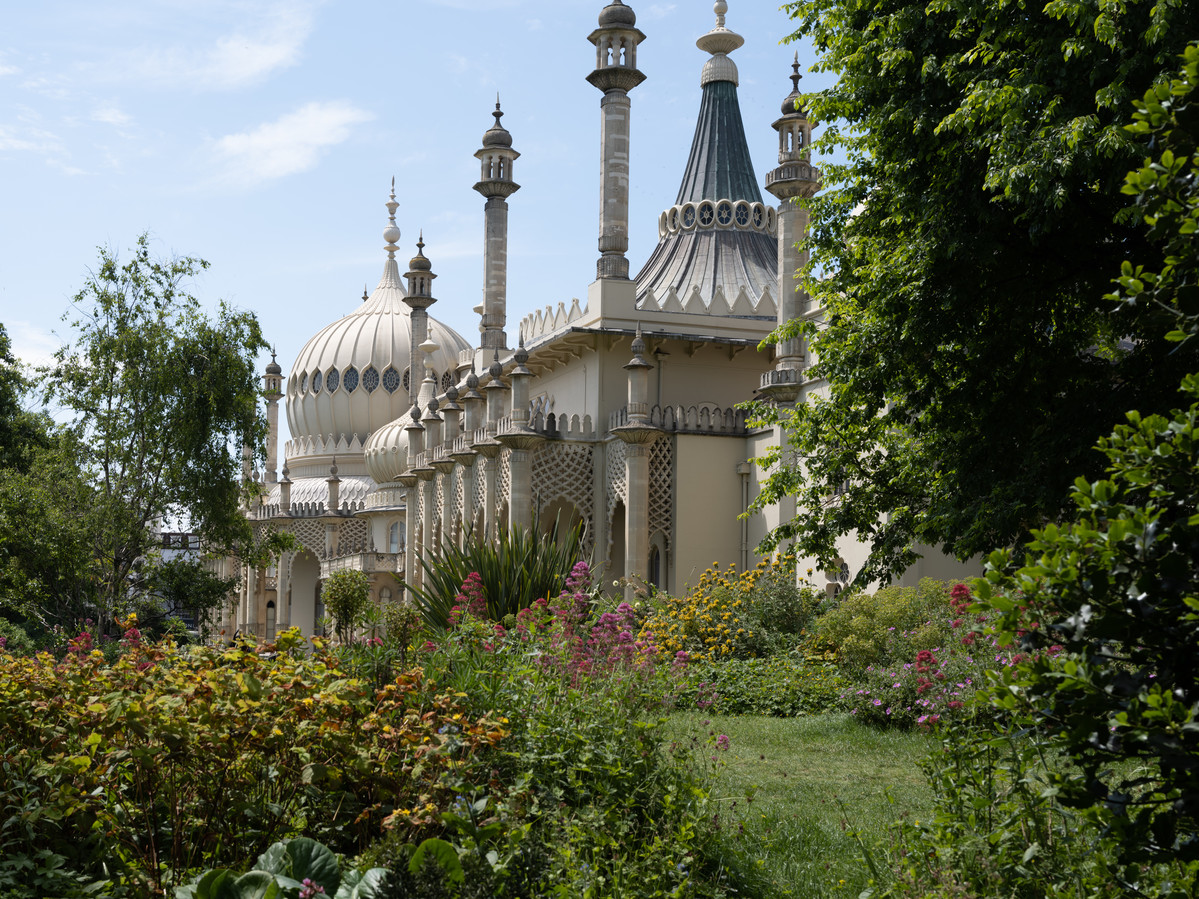 Exterior of Royal Pavilion with plants in foreground.