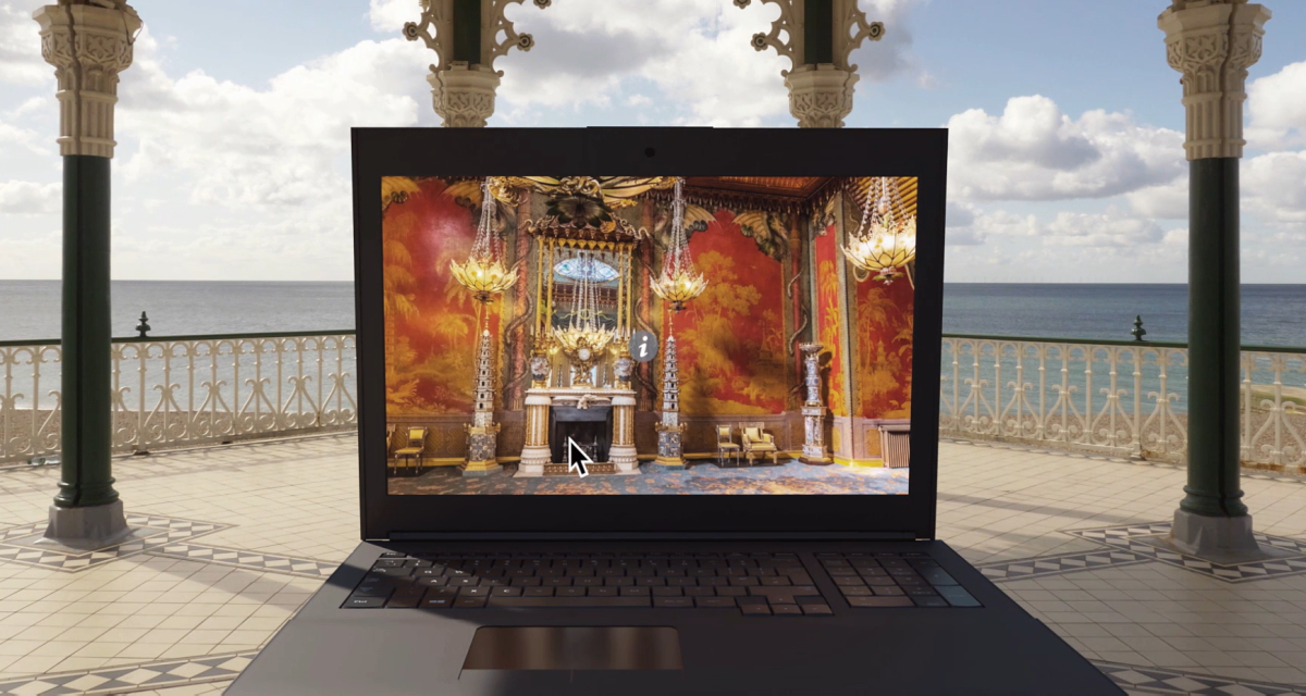 Laptop in bandstand with image of Royal Pavilion interior on screen.