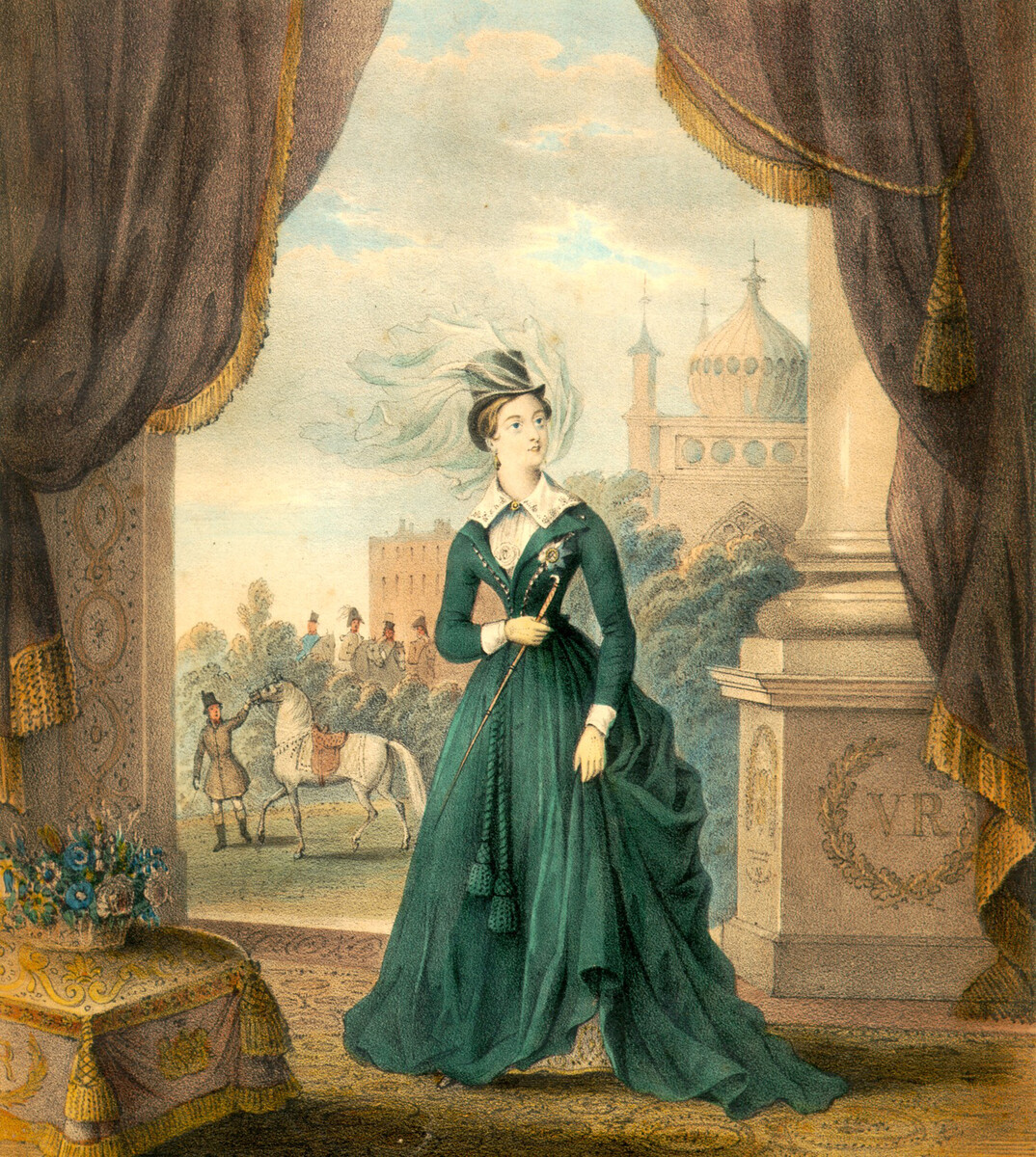 Portrait of young Queen Victoria with Royal Pavilion behind.