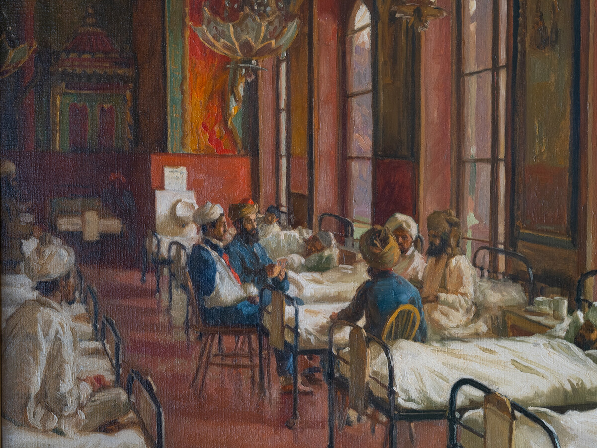 Detail of painting showing Indian patients sitting on hospital beds.