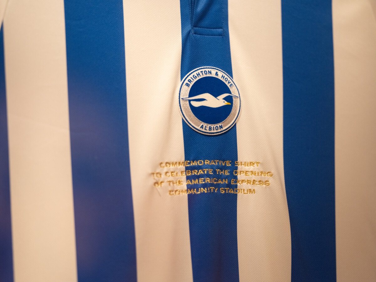 Detail of Brighton & Hove Albion football shirt.