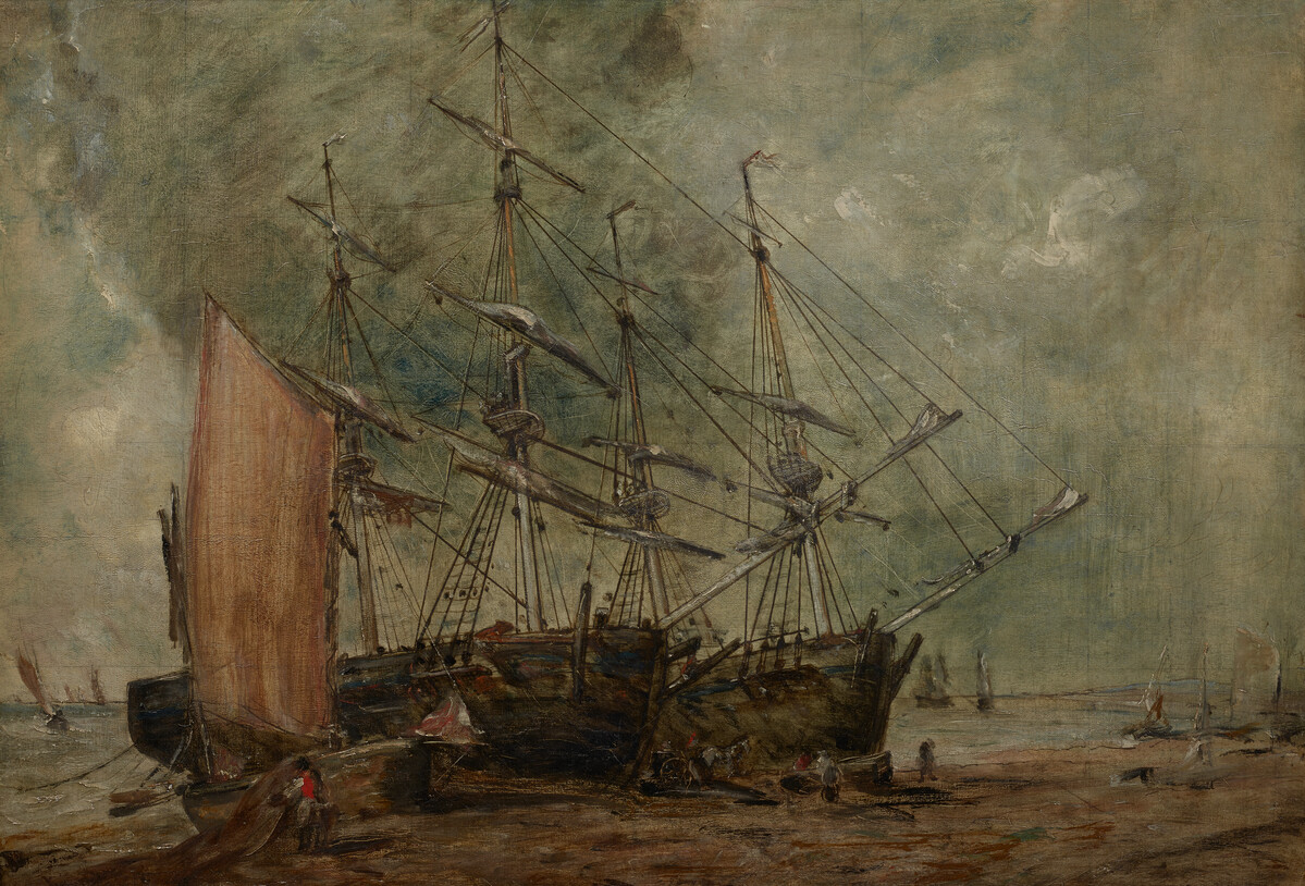 Oil painting showing three ships on a beach