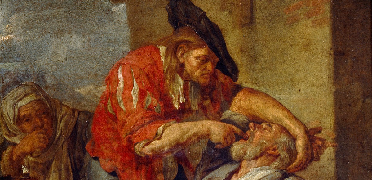 Detail of painting showing a dentist reaching into a patient's mouth