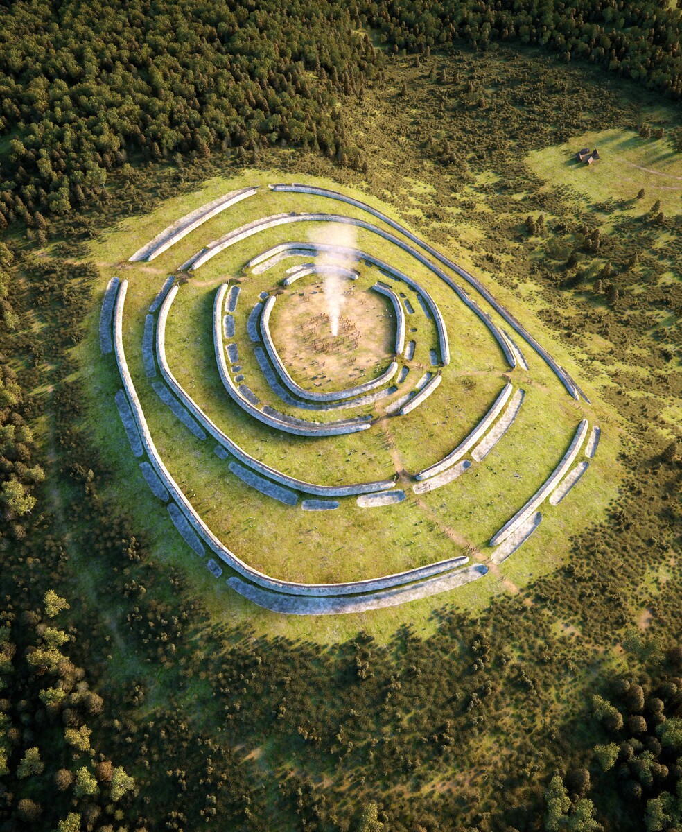 Digital reconstruction of Neolithic site at Whitehawk. Shows enclosures in concentric circles around hill.