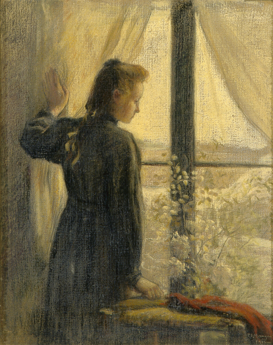 Painting showing a young woman looking out of a window