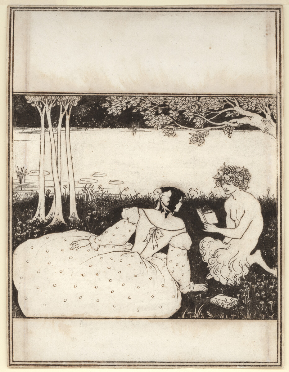 Drawing of the Yellow Book by Aubrey Beardsley. Shows a young woman in a dress listening to a satyr reading from a book.