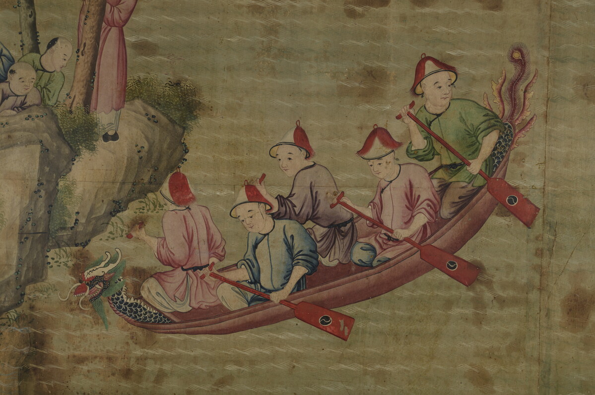 Detail of Chinese wallpaper showing men rowing a boat.