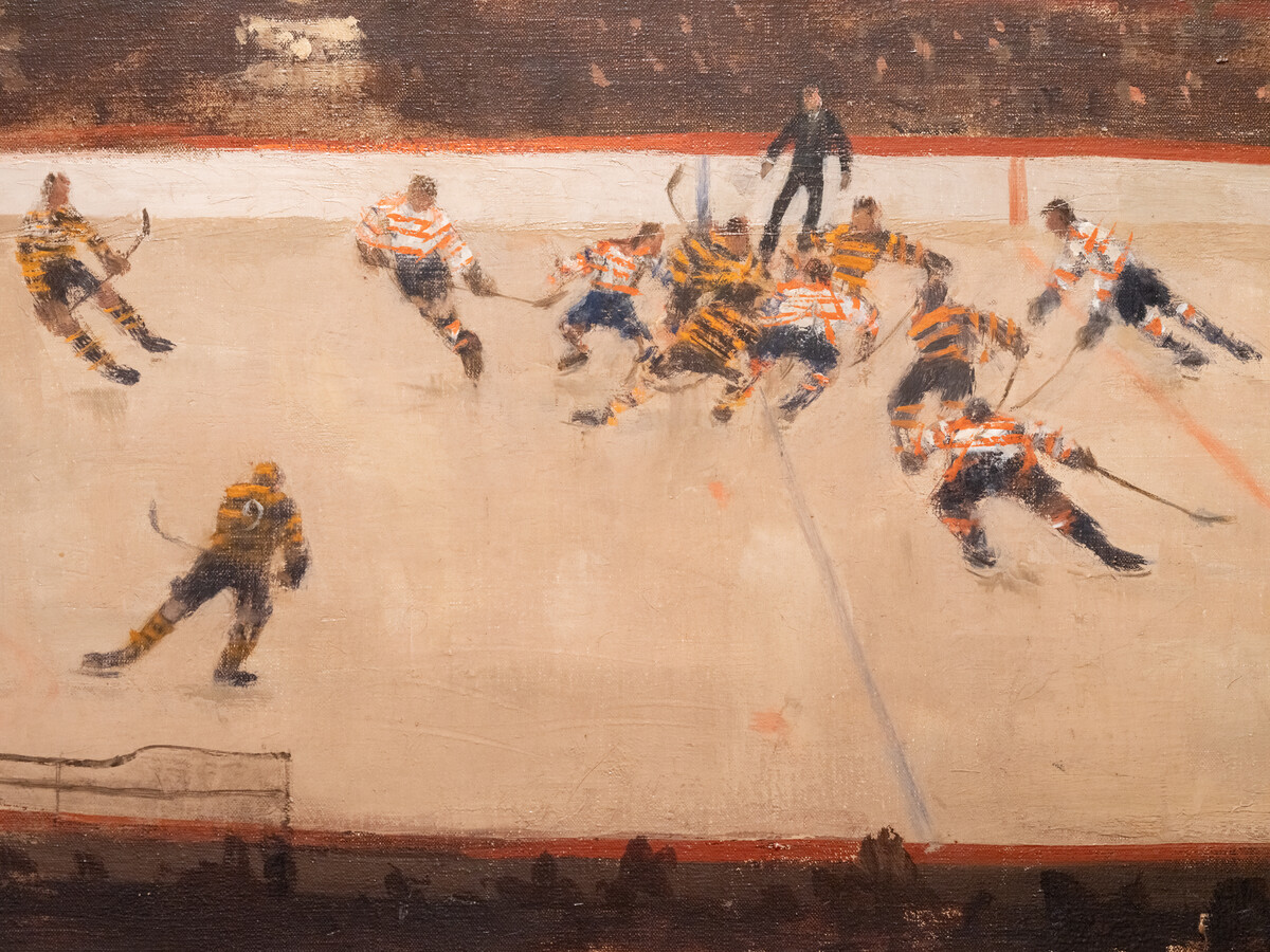 Detail of painting showing ice hockey players on a rink.