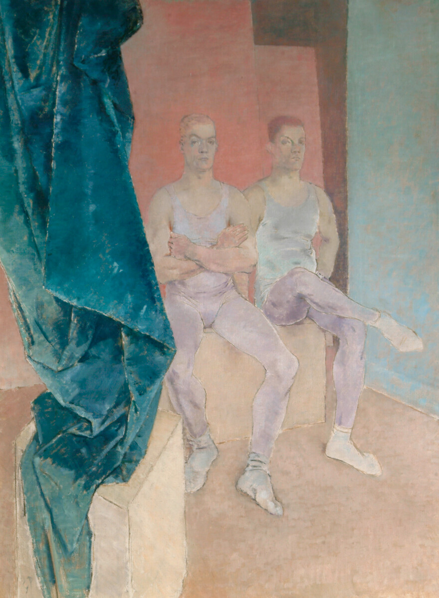 Painting showing two seated men in acrobats' costumes