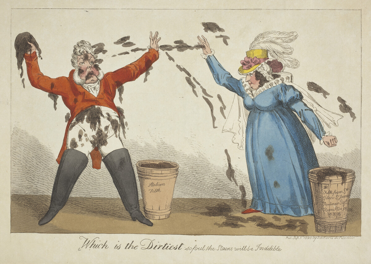 Print showing George IV and Caroline of Brunswick throwing mud at each other
