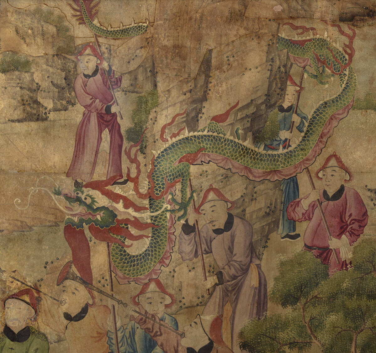 Detail of wallpaper showing Chinese people carrying a dragon