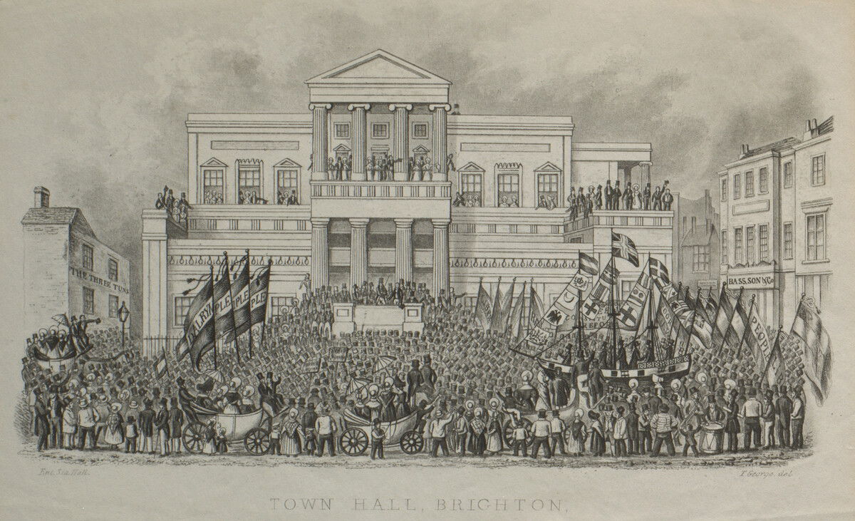Print showing crowds gathered outside Brighton Town Hall.