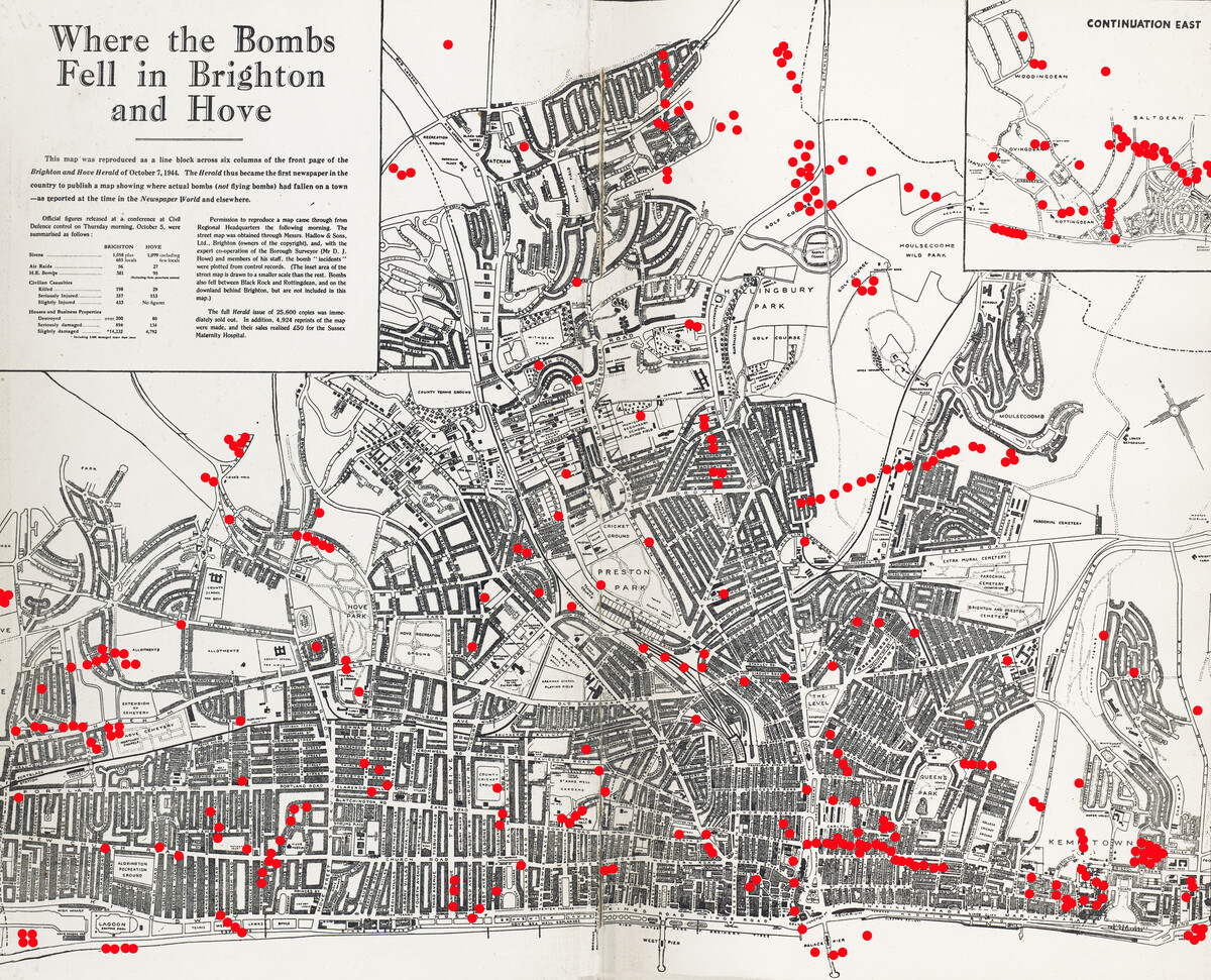 Map showing where bombs landed in Brighton & Hove during WW2