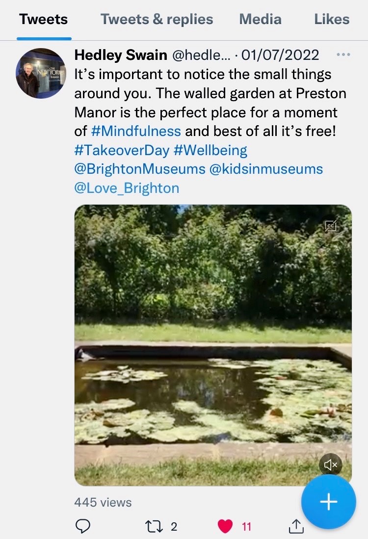 A screenshot of a tweet from the Museum Collective showing the pond at Preston Manor