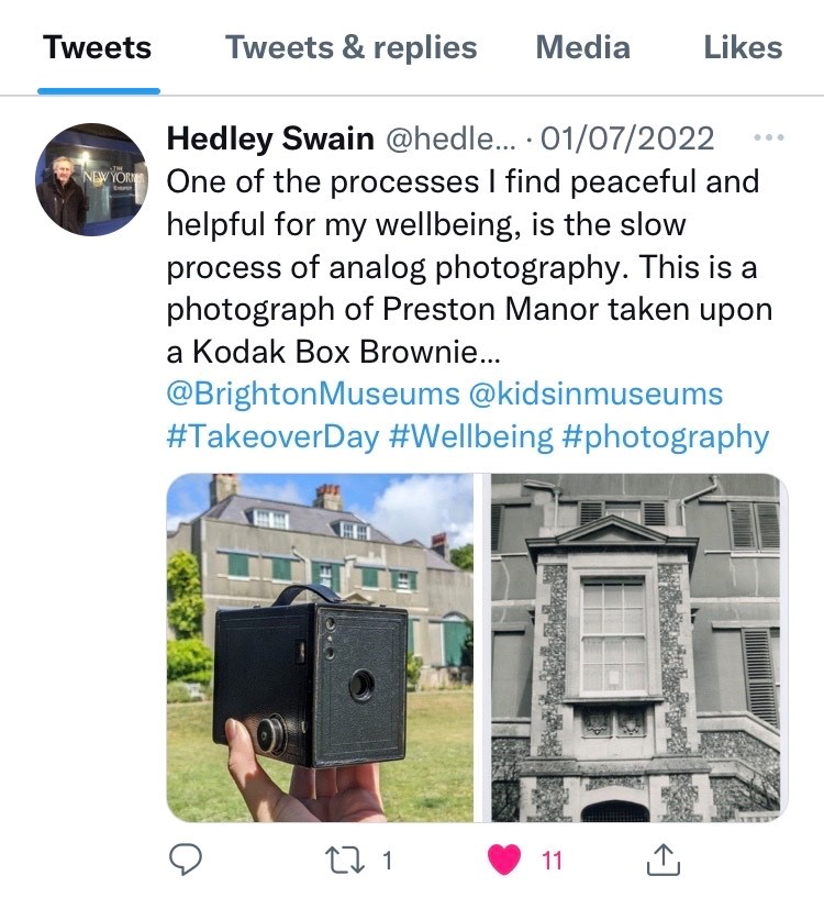 A screenshot of a tweet from the Museum Collective showing a Kodak camera outside of Preston Manor
