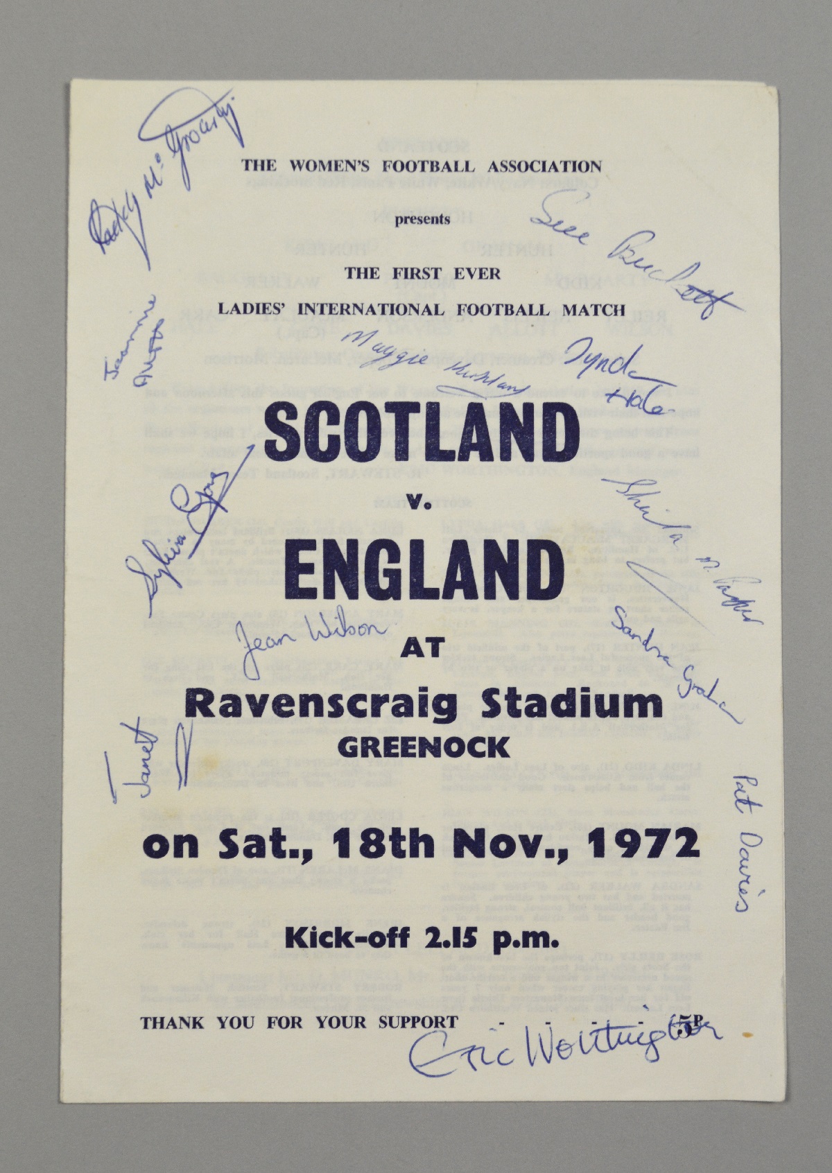 Programme of the England vs Scotland game, 1972, signed by the players. Photograph by Lindsey Smith