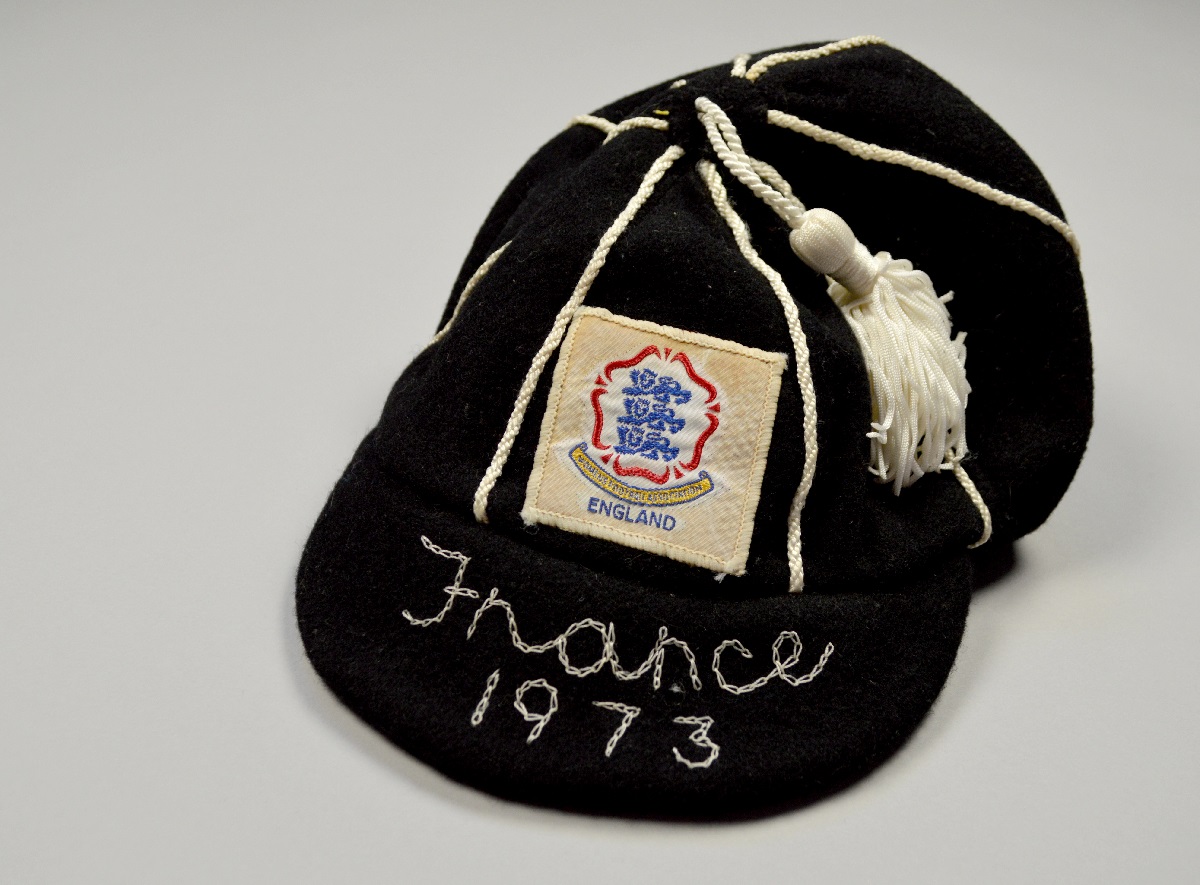England Cap, presented to Julia Brunton for her England debut match in 1973. Photograph by Lindsey Smith