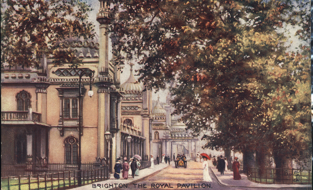 Hand coloured postcard of the Royal Pavilion gardens.