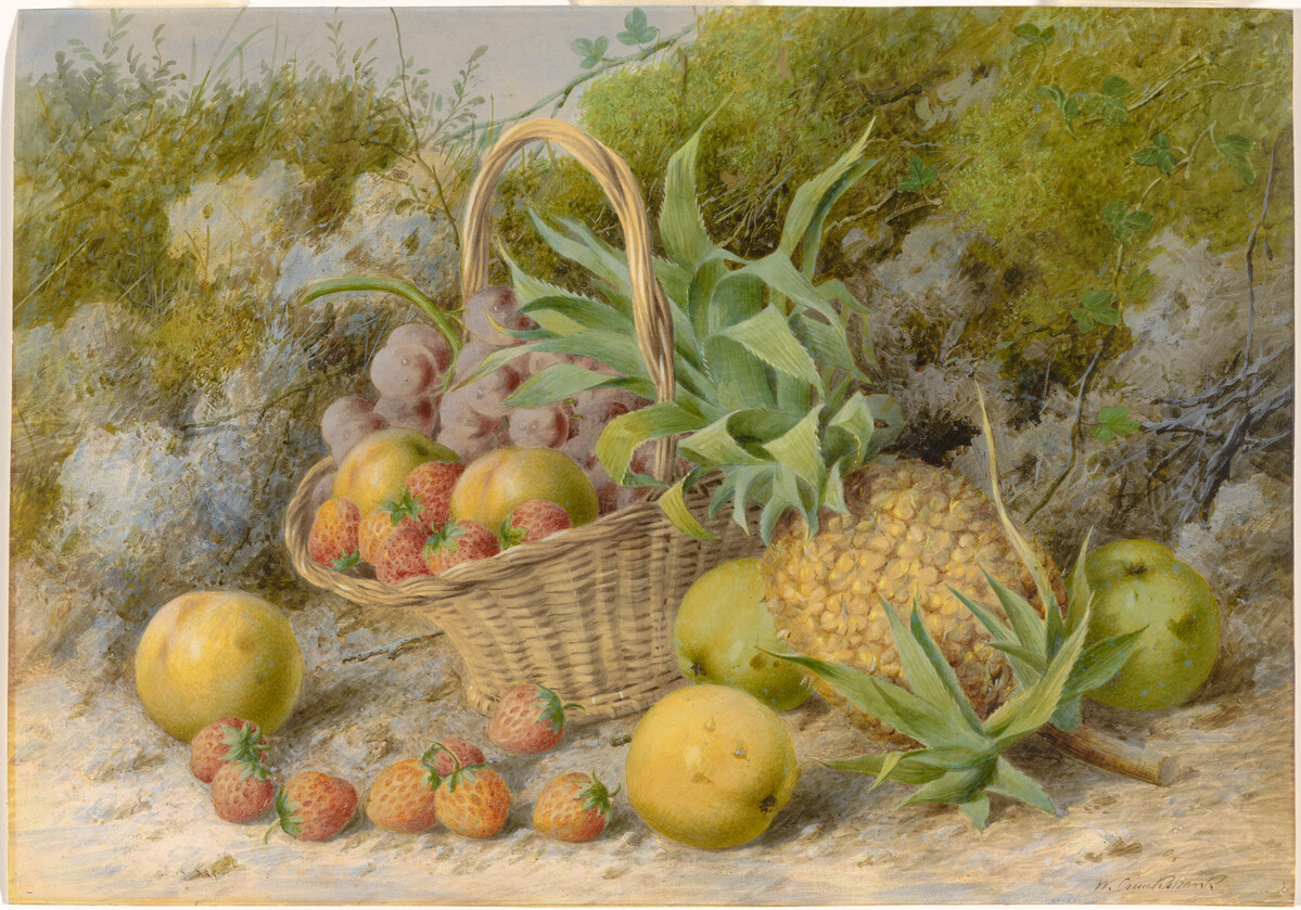 Watercolour painting of a basket of fruit.