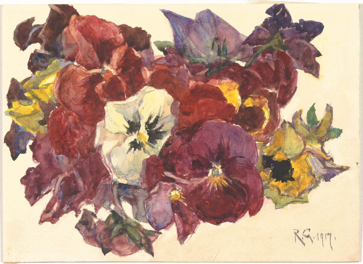 Watercolour with red and white pansies.