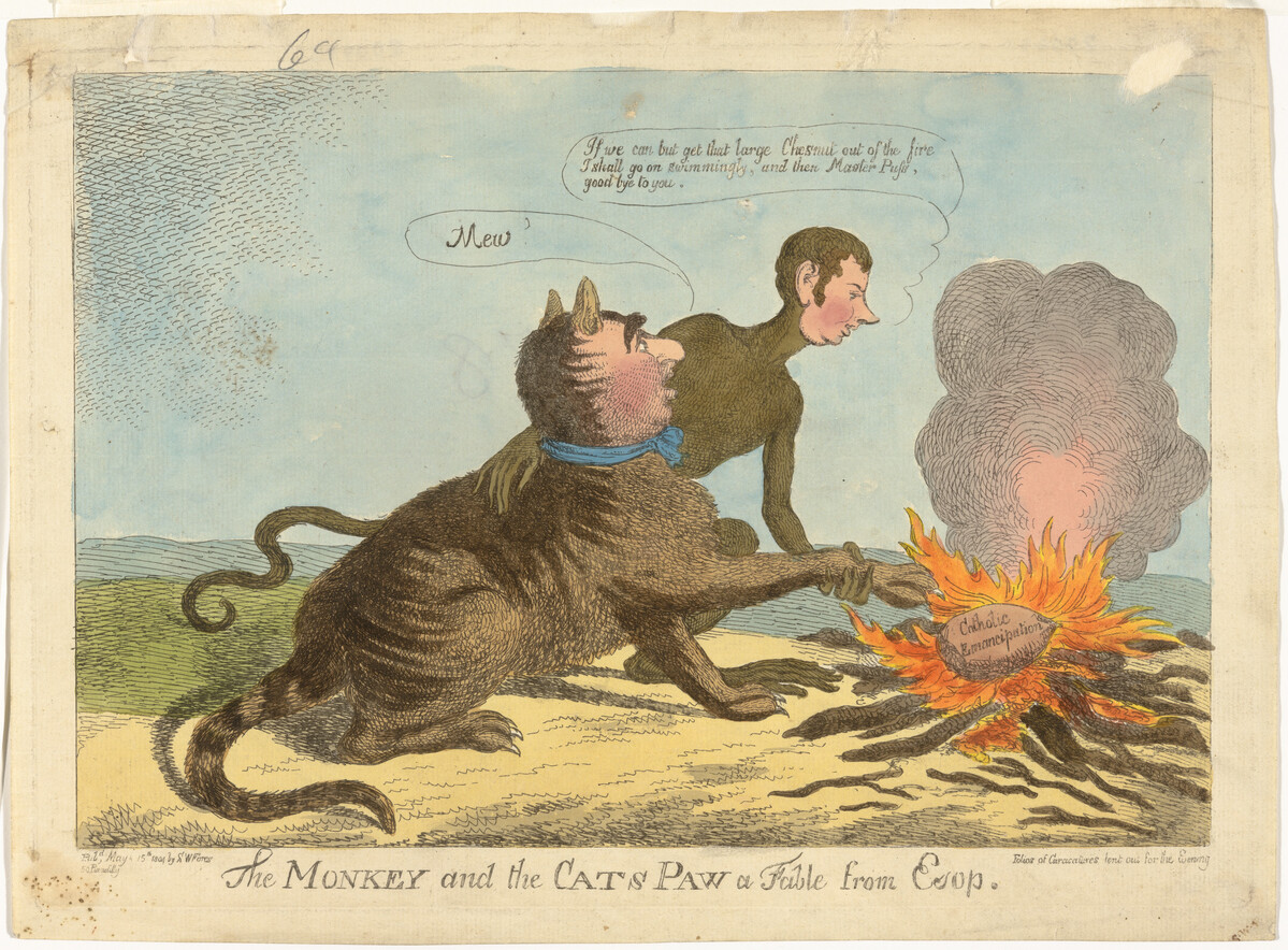 Print showing two politicians in the form of a cat and a monkey at a fire.