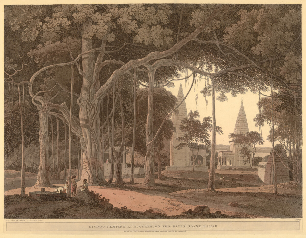 Print showing a temple behind some thick trees