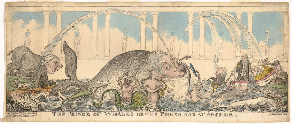 Print showing the Prince Regent as a large fish surrounded by contemporary politicians in boats.