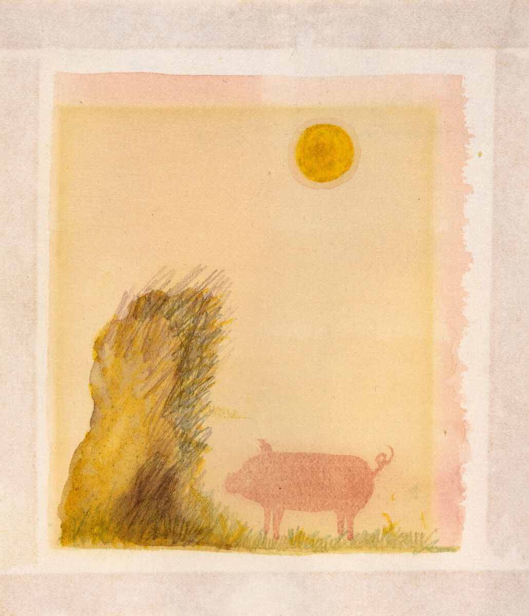 Illustration of a pig and a haystack with a small sun in the corner.