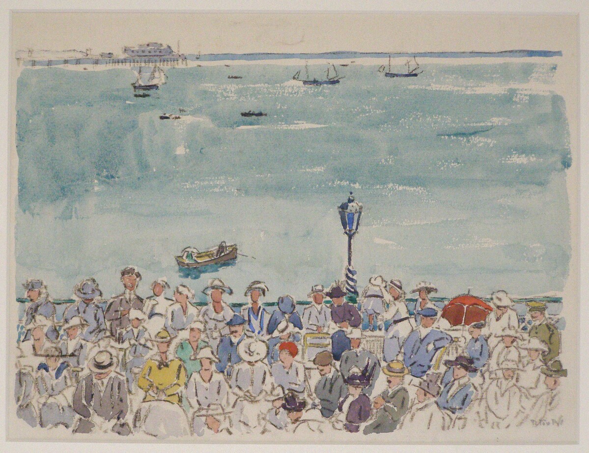 Watercolour showing crowds on a beach.