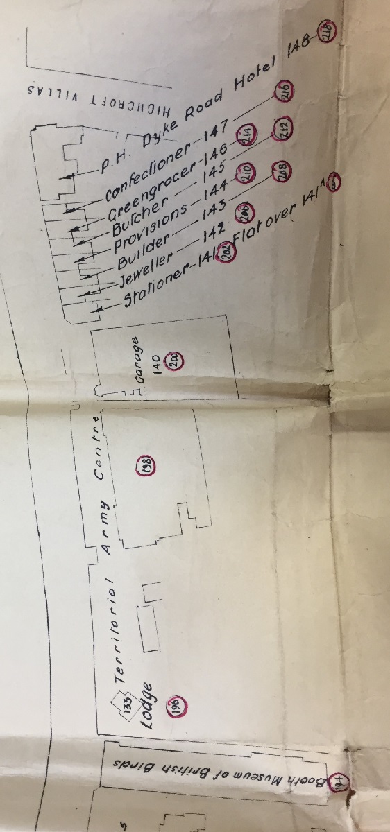 Detail of a 1953 Brighton Borough Surveyor’s map detailing the numbering changes made that year shows seven shops.