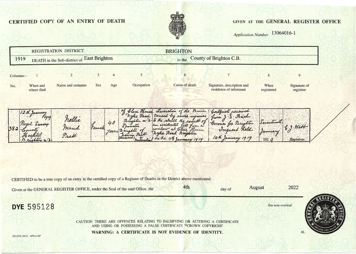 Nellie Pratt death certificate,1919