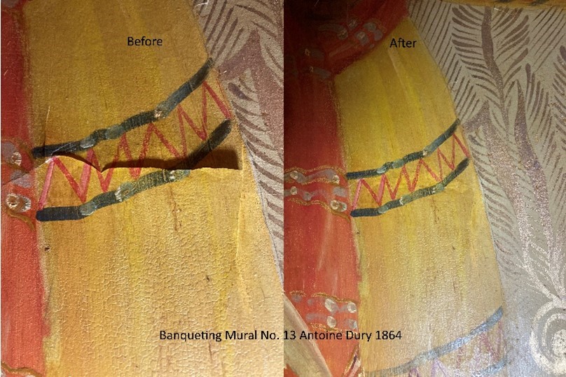 Images show the before and after of the treated areas in the painting