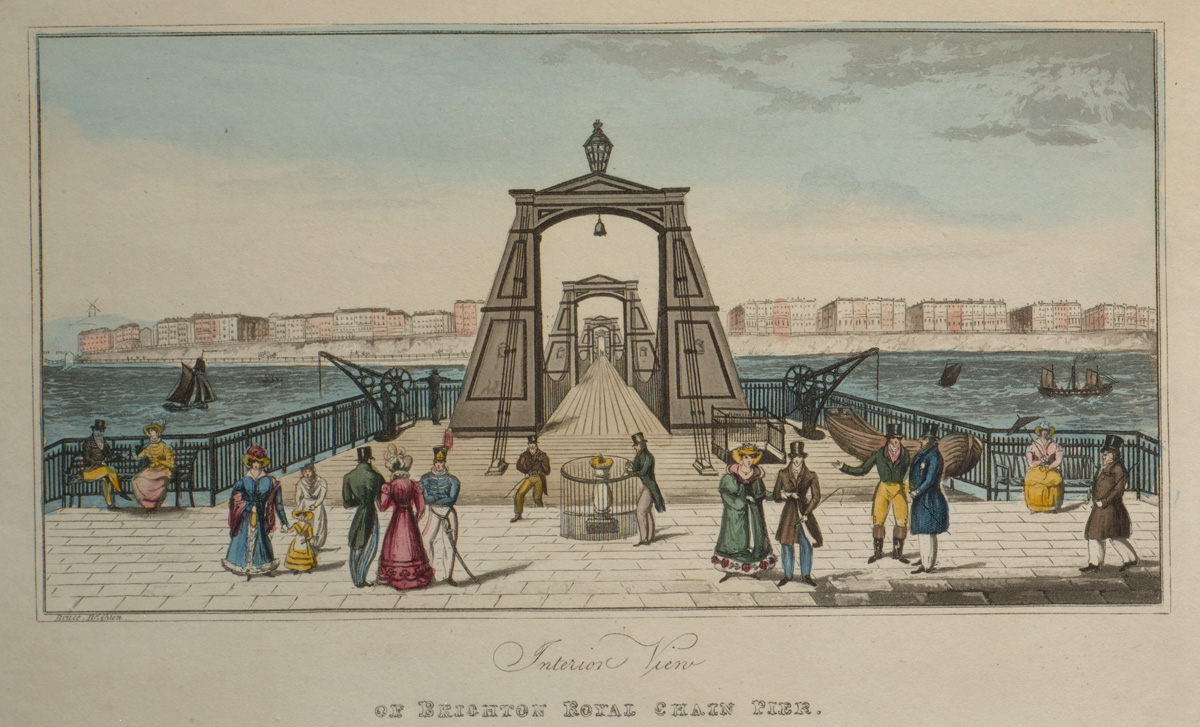 Illustration of the Brighton Chain Pier with people in the foreground.