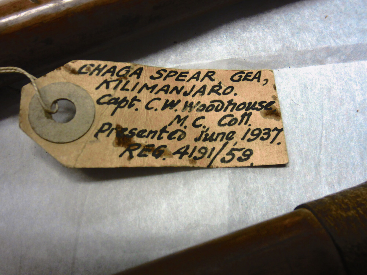 Photograph of an object label for a Chaga Spear from Kilimanjaro, obtained in 1937