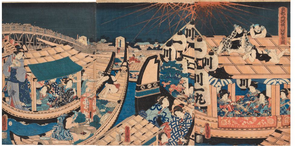 Print showing a firework display and several river boats.