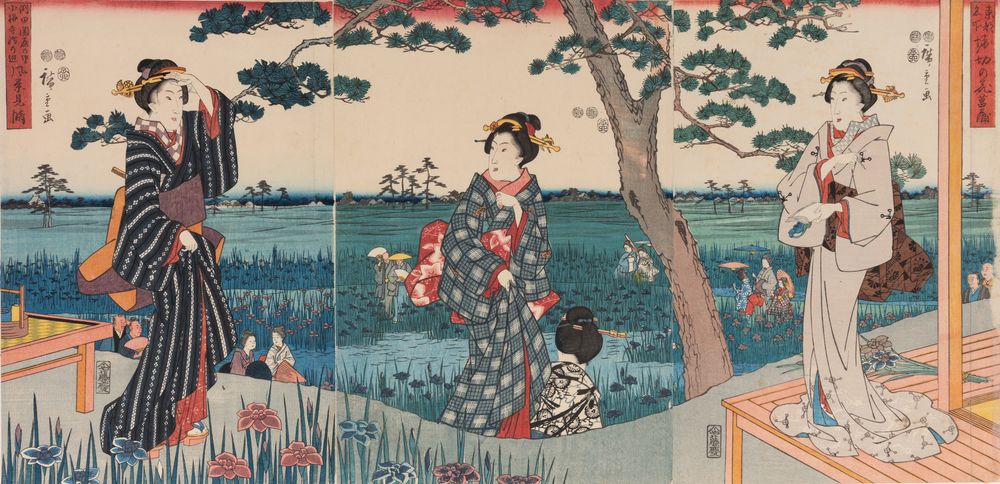 Print showing Japanese women picking flowers