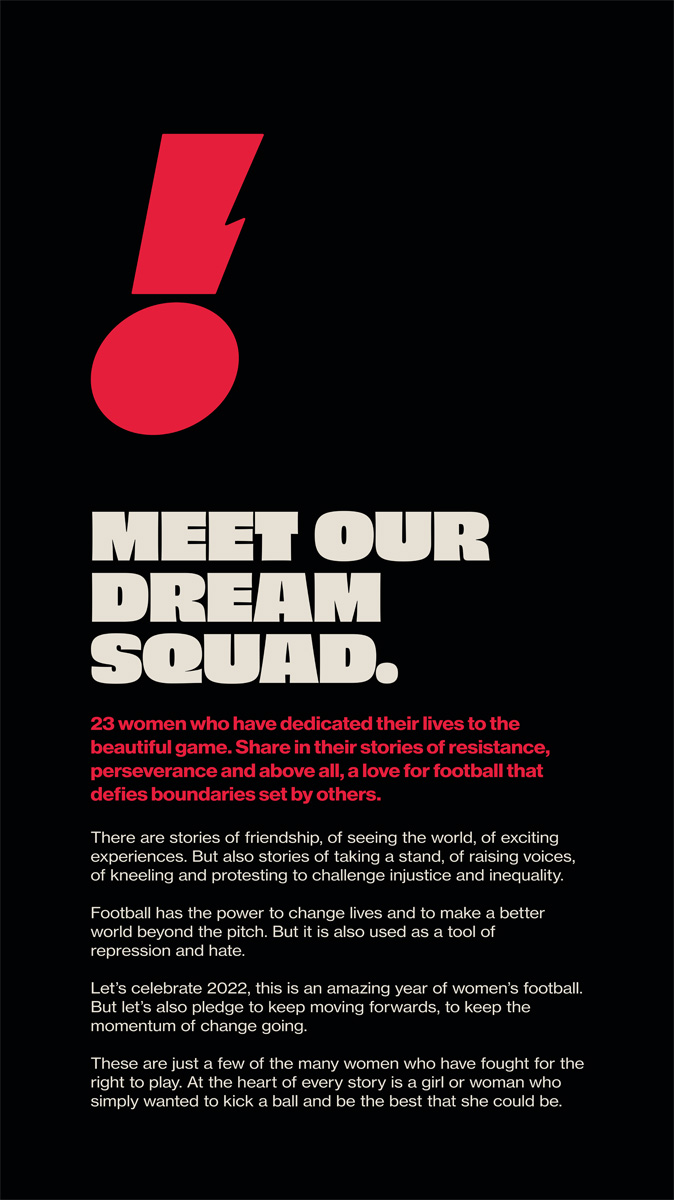 A text panel from the Goal Power! exhibition. A black background with red and white text. The title is Meet our Dream Squad.