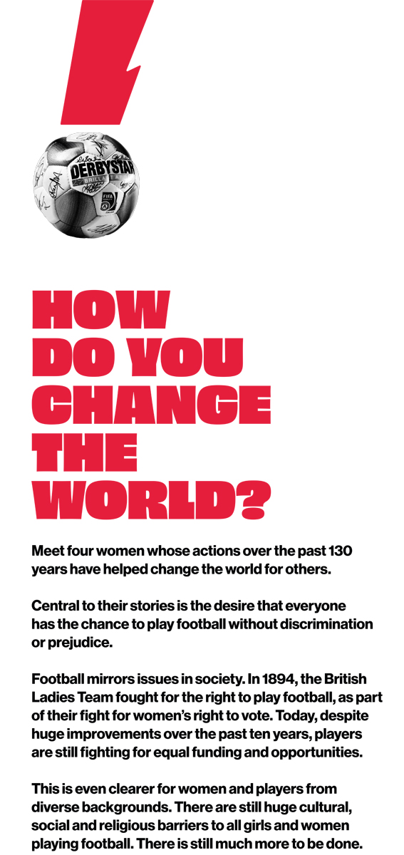 A text panel from the Goal Power! exhibition. White background with red and black text. The title is How do you Change the World?