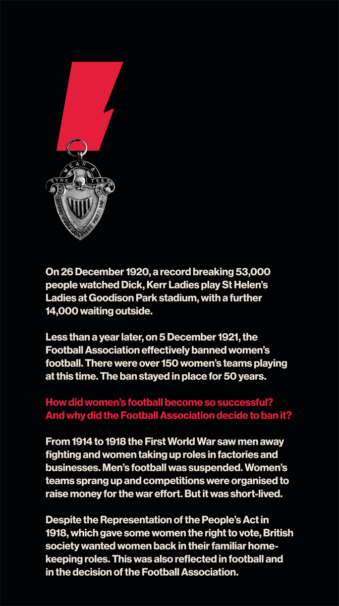 A text panel from the Goal Power! exhibition. Black background with red and white text and an image of a medal in the top left corner.