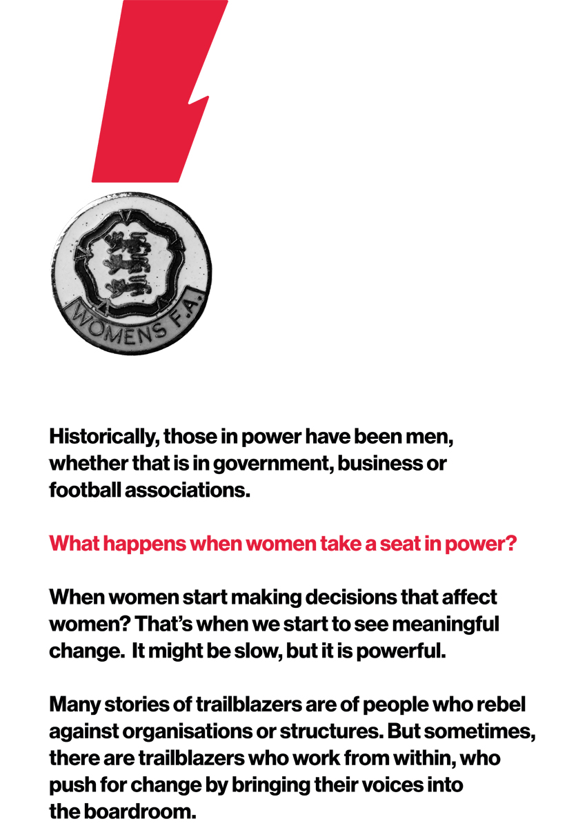 A text panel from the Goal Power! exhibition. White background with red and black text. and an image of a medal in the top left corner.