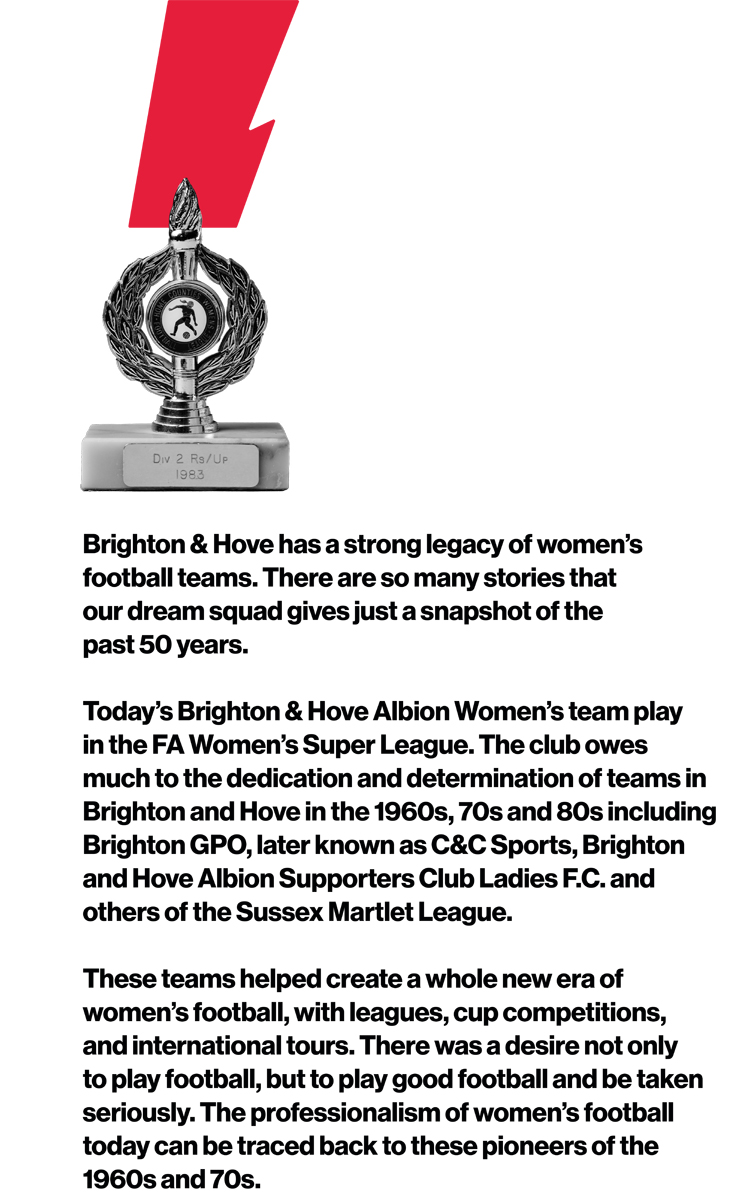 A text panel from the Goal Power! exhibition. White background with red and black text and an image of a trophy in the top left corner.